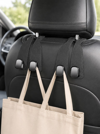 2pcs Universal Car Seat Back PU Leather Headrest Hooks, Retro Minimalist Solid Color Stitched Leather Hanging Strap Hidden High-Load Bearing Car Storage Bracket, Curved Strap Design Rivet Stitched Det