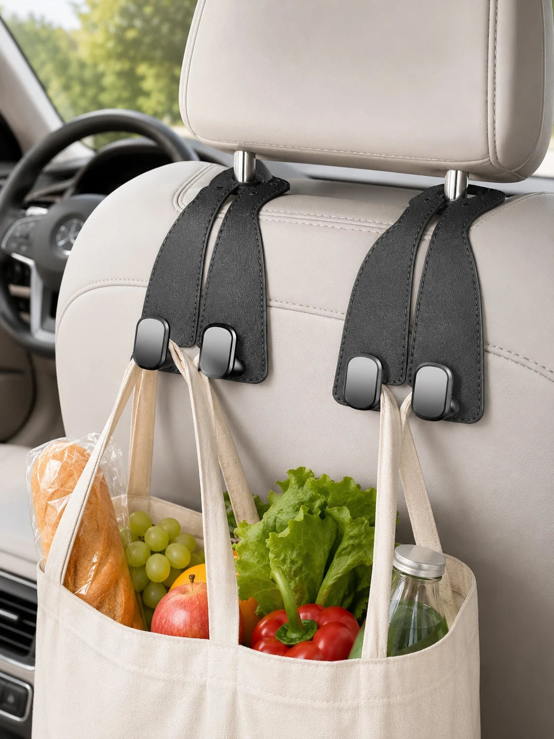 2pcs Universal Car Seat Back PU Leather Headrest Hooks, Retro Minimalist Solid Color Stitched Leather Hanging Strap Hidden High-Load Bearing Car Storage Bracket, Curved Strap Design Rivet Stitched Det