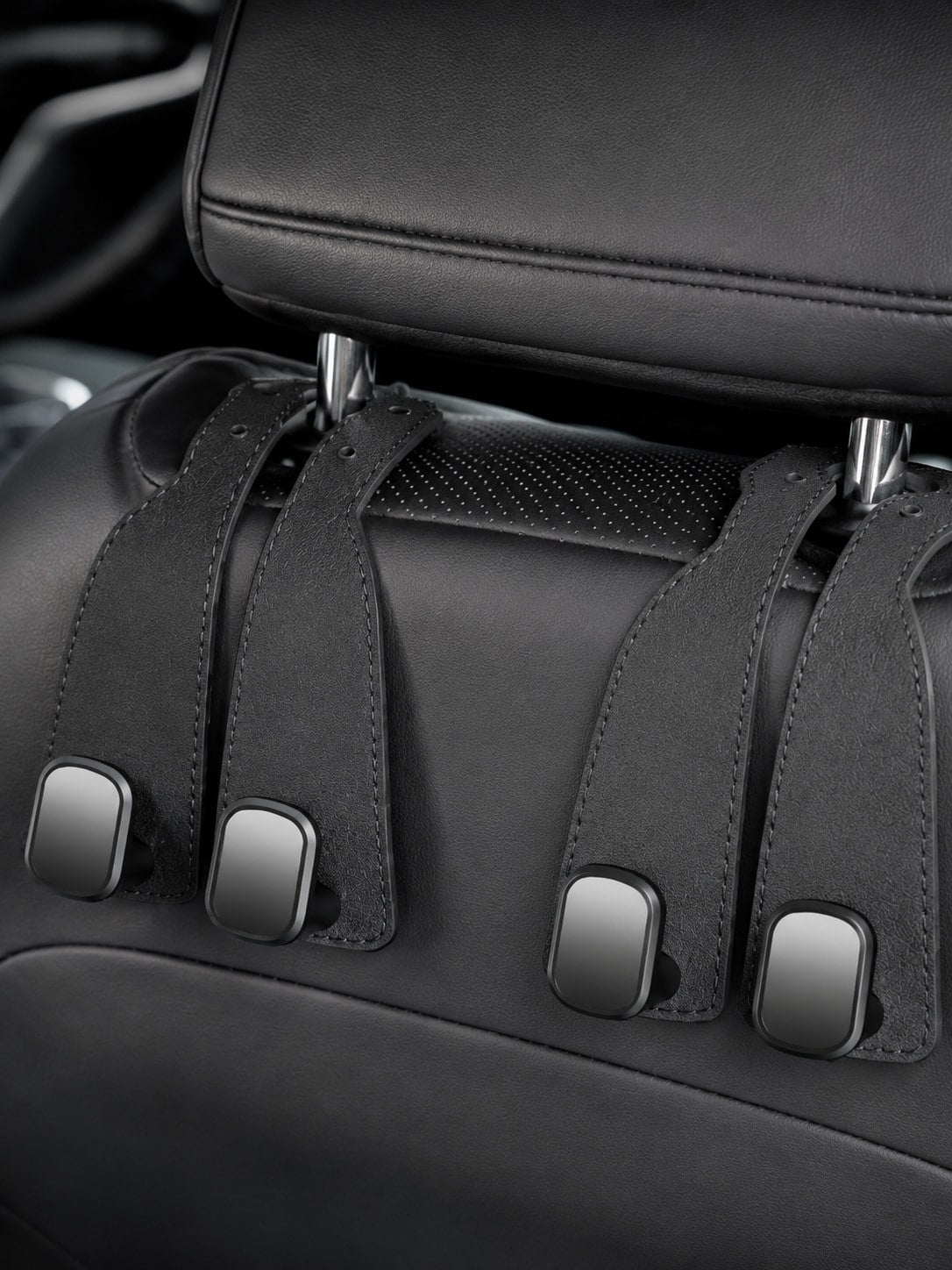 2pcs Universal Car Seat Back PU Leather Headrest Hooks, Retro Minimalist Solid Color Stitched Leather Hanging Strap Hidden High-Load Bearing Car Storage Bracket, Curved Strap Design Rivet Stitched Det