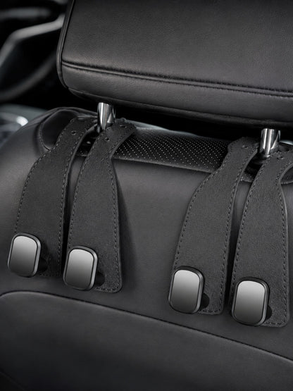 2pcs Universal Car Seat Back PU Leather Headrest Hooks, Retro Minimalist Solid Color Stitched Leather Hanging Strap Hidden High-Load Bearing Car Storage Bracket, Curved Strap Design Rivet Stitched Det