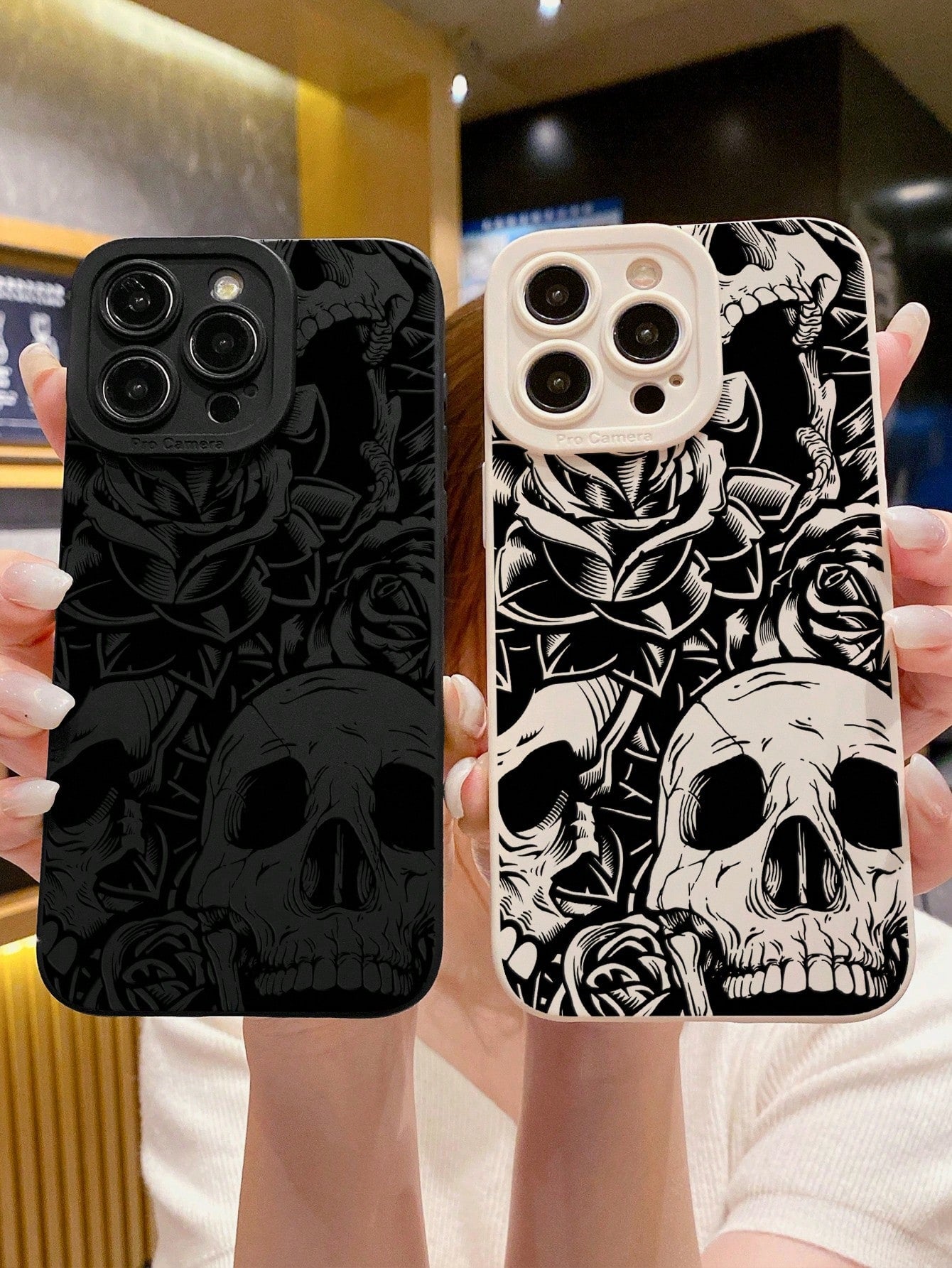 2pcs Vintage Skull & Flower Print Phone Cases, Dark Style Phone Cases, Black & White Phone Cases, Compatible With IPhone & Galaxy Phones, Phone Protective Covers