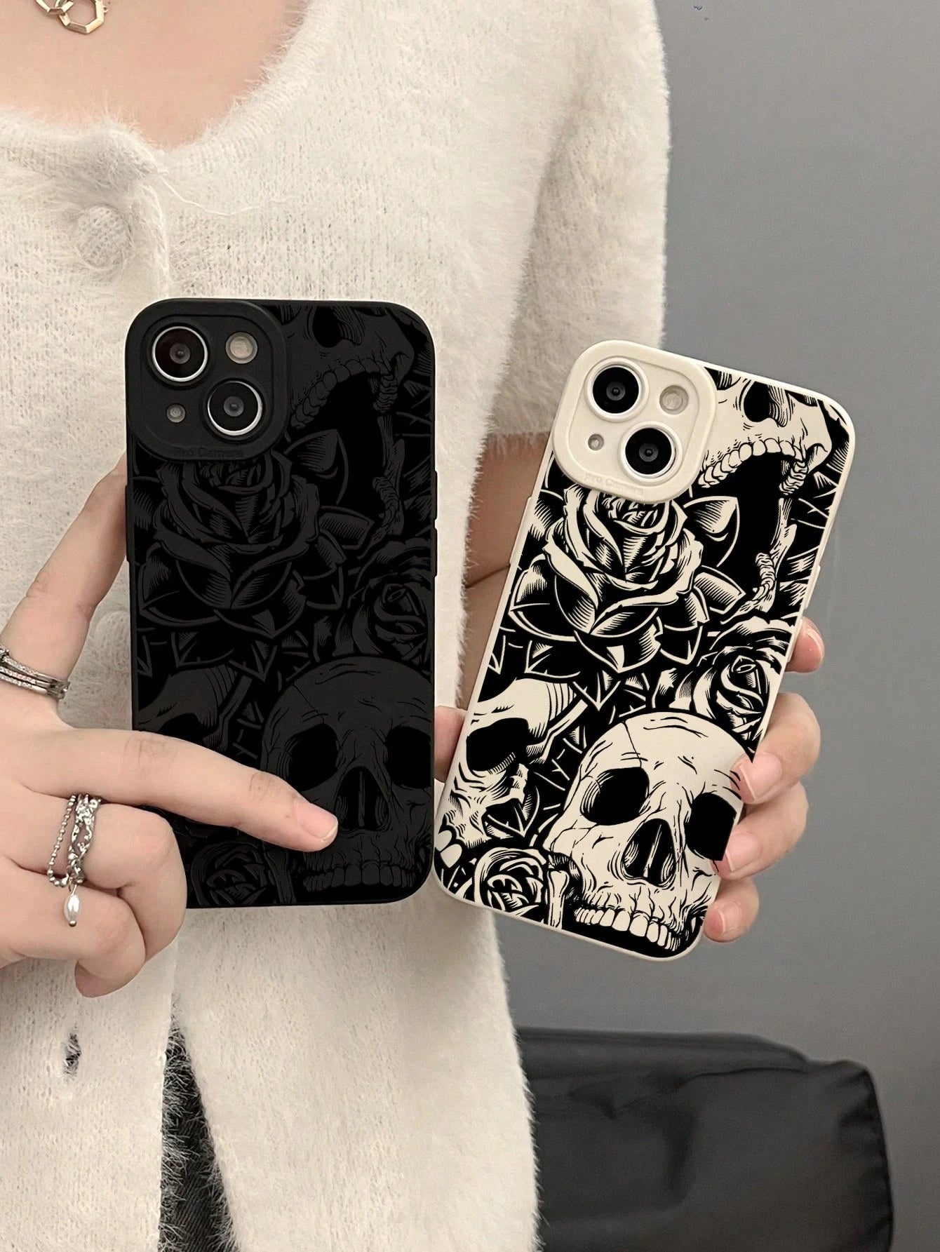 2pcs Vintage Skull & Flower Print Phone Cases, Dark Style Phone Cases, Black & White Phone Cases, Compatible With IPhone & Galaxy Phones, Phone Protective Covers
