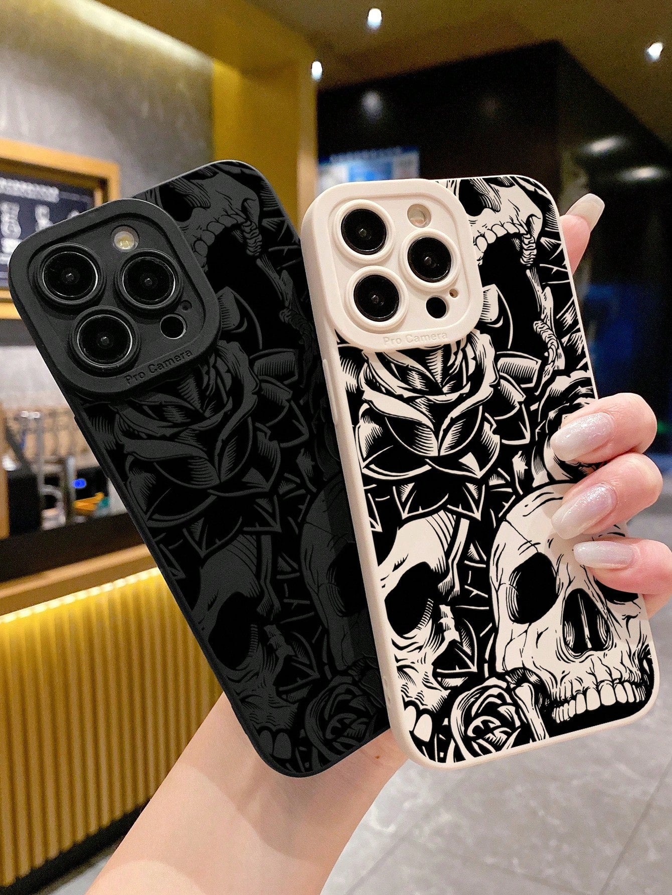 2pcs Vintage Skull & Flower Print Phone Cases, Dark Style Phone Cases, Black & White Phone Cases, Compatible With IPhone & Galaxy Phones, Phone Protective Covers