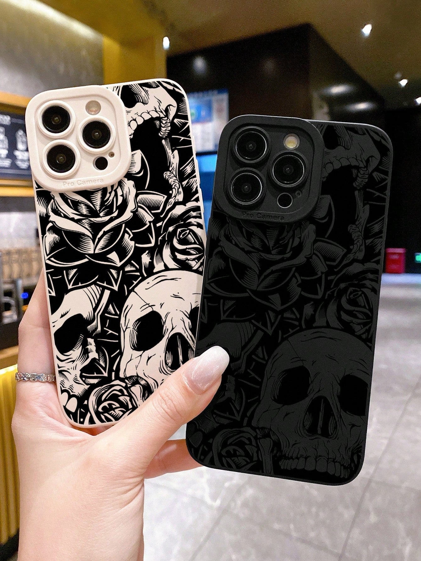 2pcs Vintage Skull & Flower Print Phone Cases, Dark Style Phone Cases, Black & White Phone Cases, Compatible With IPhone & Galaxy Phones, Phone Protective Covers