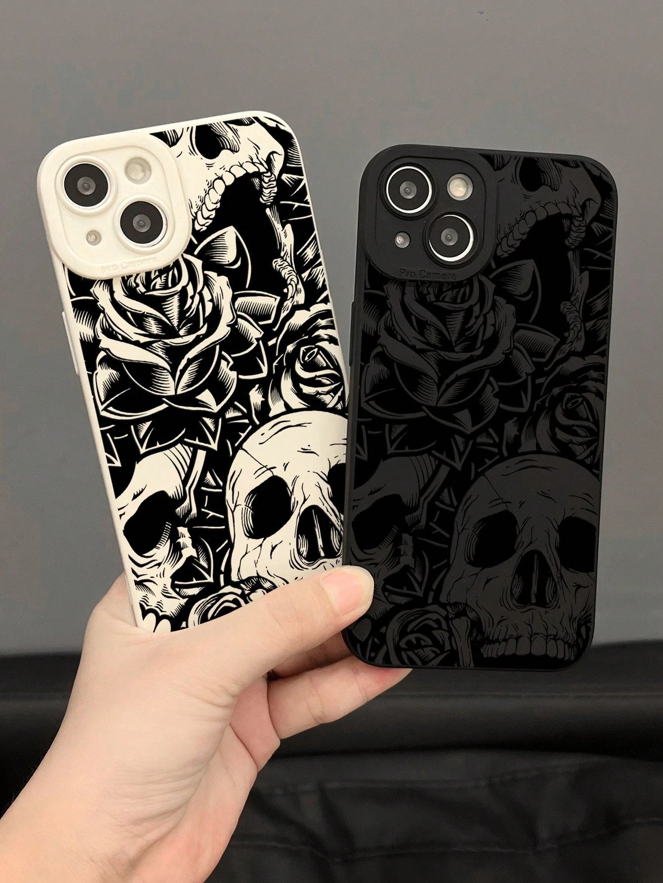 2pcs Vintage Skull & Flower Print Phone Cases, Dark Style Phone Cases, Black & White Phone Cases, Compatible With IPhone & Galaxy Phones, Phone Protective Covers