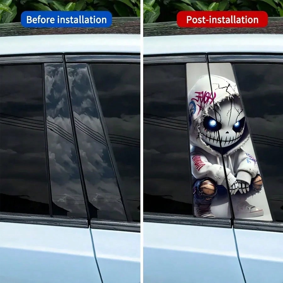 2pcs Waterproof & Sun Protection Car B-Pillar Stickers, Durable Vinyl Semi-Matte Surface Punk Style Pattern