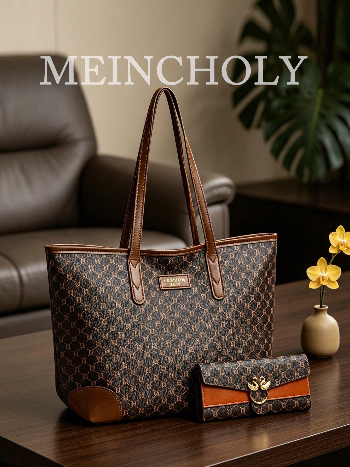 2pcs Women's Combo Bag Set Vintage Print PU Leather Large Capacity Tote Bag With Matching Wallet, Colorblock Versatile Shoulder Bag Handbag Summer Wallet Set For Commuting Shopping Travel Business Tri