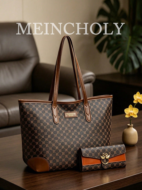 2pcs Women's Combo Bag Set Vintage Print PU Leather Large Capacity Tote Bag With Matching Wallet, Colorblock Versatile Shoulder Bag Handbag Summer Wallet Set For Commuting Shopping Travel Business Tri