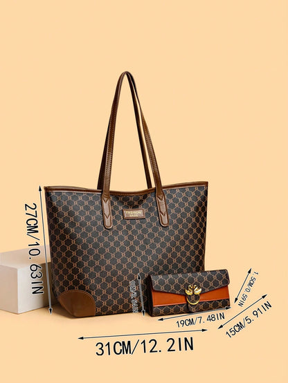 2pcs Women's Combo Bag Set Vintage Print PU Leather Large Capacity Tote Bag With Matching Wallet, Colorblock Versatile Shoulder Bag Handbag Summer Wallet Set For Commuting Shopping Travel Business Tri