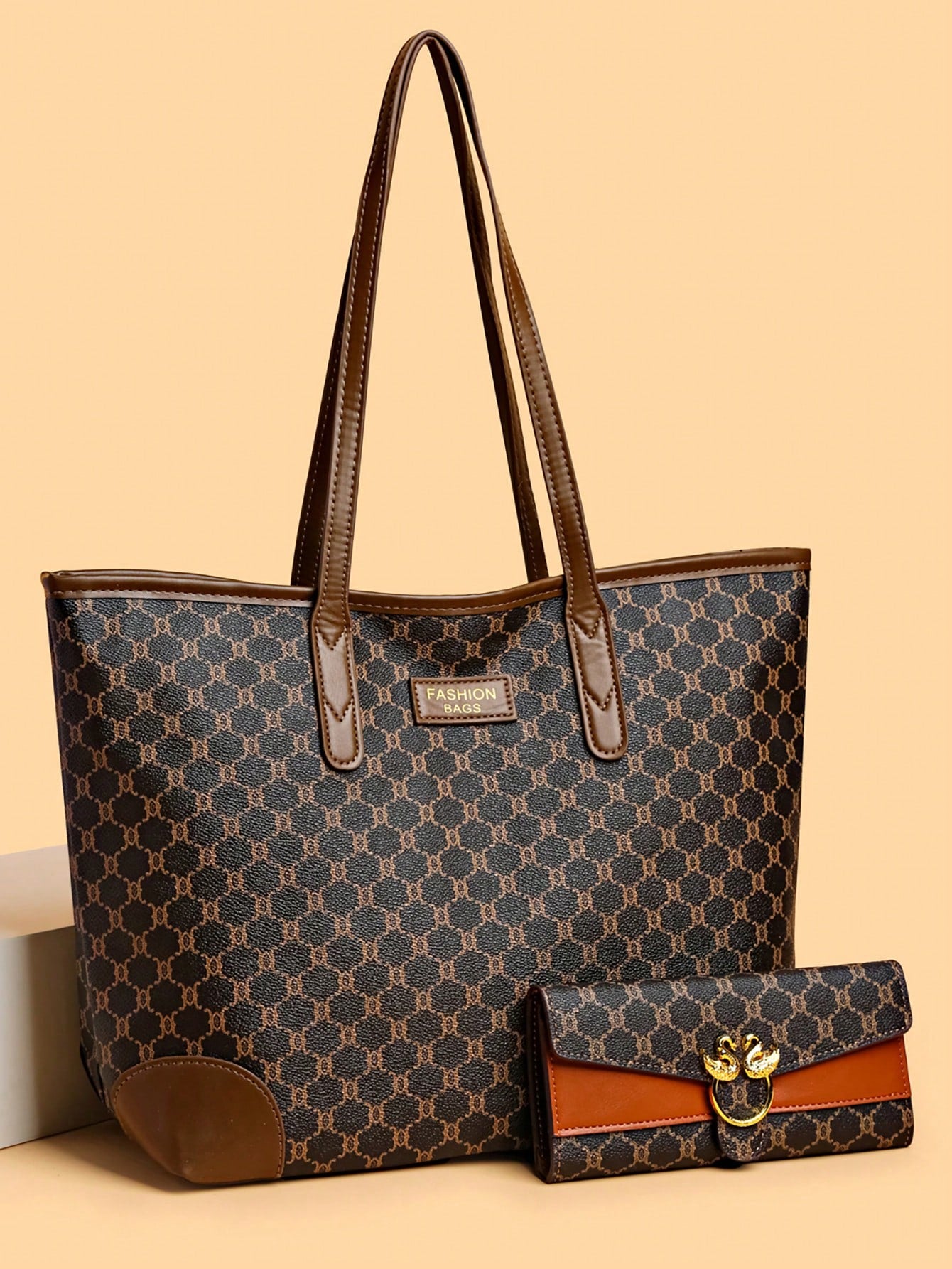 2pcs Women's Combo Bag Set Vintage Print PU Leather Large Capacity Tote Bag With Matching Wallet, Colorblock Versatile Shoulder Bag Handbag Summer Wallet Set For Commuting Shopping Travel Business Tri