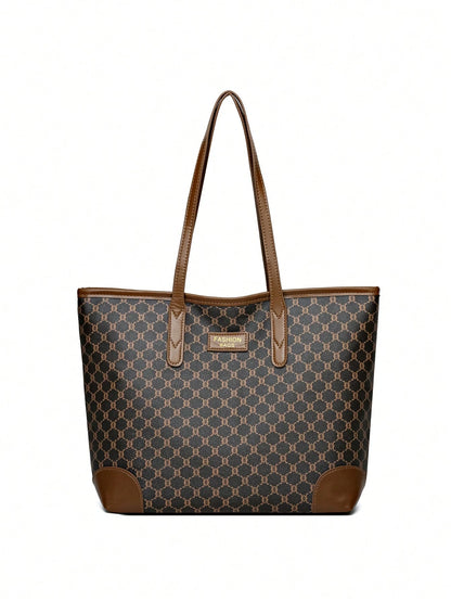 2pcs Women's Combo Bag Set Vintage Print PU Leather Large Capacity Tote Bag With Matching Wallet, Colorblock Versatile Shoulder Bag Handbag Summer Wallet Set For Commuting Shopping Travel Business Tri