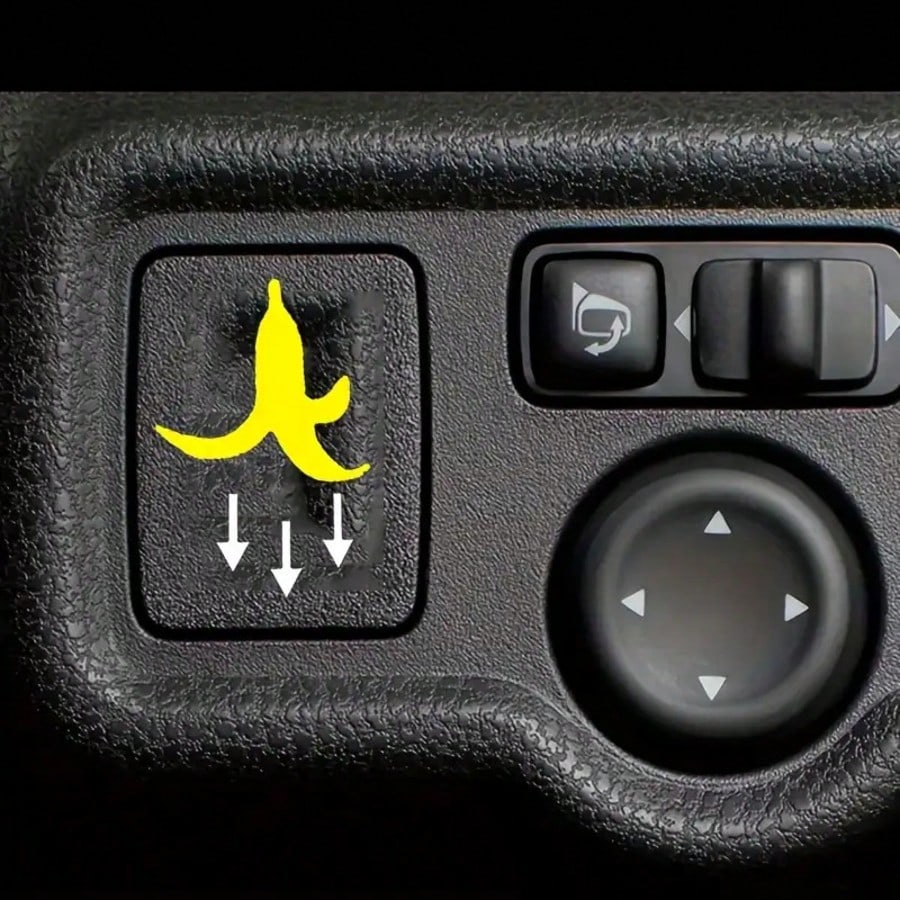 2pcs Yellow Banana Peel Car Button Stickers! Indicate Trash Can Location, Prevent Passengers From Littering, Funny Cute Design Adds Quirky Charm To Car Interior
