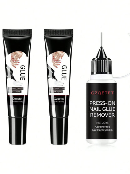 2pcs10g Semi-Solid Glue And 20ml Precision Glue Remover Set- Gel For Press-On Nails, Quick-Drying, No UV Lamp Required, Contains Gentle Non-Acetone Remover To Remove False Nails