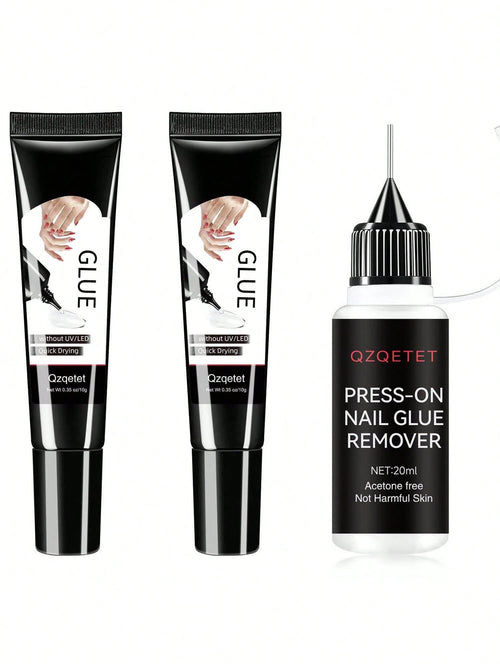 2pcs10g Semi-Solid Glue And 20ml Precision Glue Remover Set- Gel For Press-On Nails, Quick-Drying, No UV Lamp Required, Contains Gentle Non-Acetone Remover To Remove False Nails