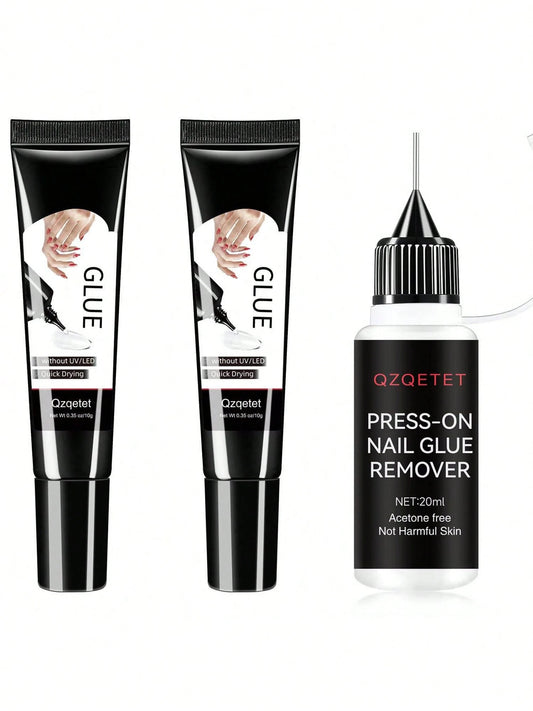 2pcs10g Semi-Solid Glue And 20ml Precision Glue Remover Set- Gel For Press-On Nails, Quick-Drying, No UV Lamp Required, Contains Gentle Non-Acetone Remover To Remove False Nails