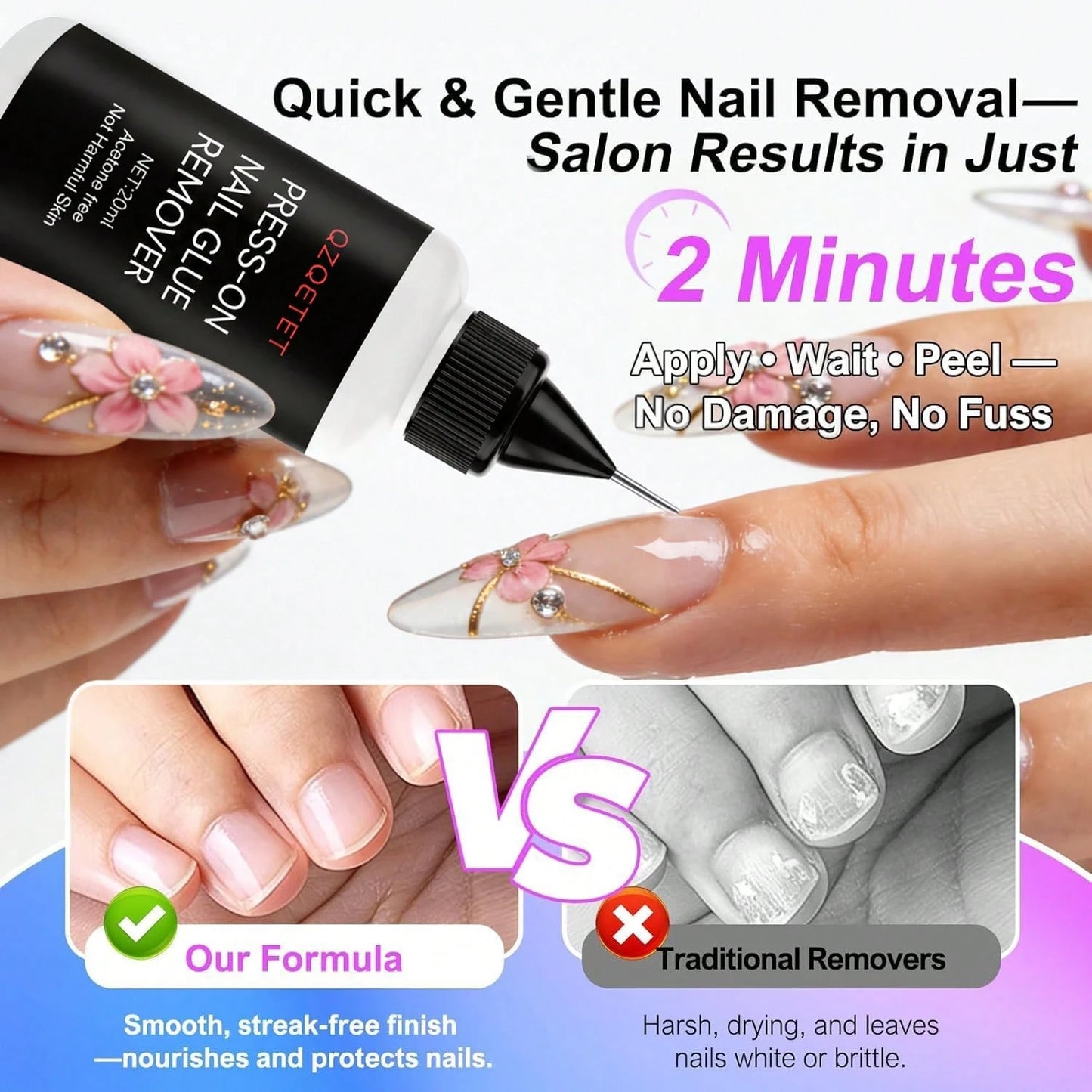2pcs10g Semi-Solid Glue And 20ml Precision Glue Remover Set- Gel For Press-On Nails, Quick-Drying, No UV Lamp Required, Contains Gentle Non-Acetone Remover To Remove False Nails