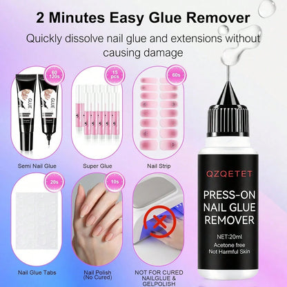 2pcs10g Semi-Solid Glue And 20ml Precision Glue Remover Set- Gel For Press-On Nails, Quick-Drying, No UV Lamp Required, Contains Gentle Non-Acetone Remover To Remove False Nails