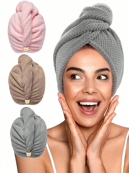3/2/1pc Ultra Soft Microfiber Towel- Quick Dry Hair Towel, Minimalist Solid Color Bath Towel With Bear-Shaped Buckle, 300gsm High Absorbent Hair Drying Cap, Coral Fleece Towel Wrap, Suitable For Wome