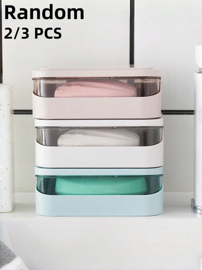 3/2pcs Color Block Double Layer Flip Top Soap Box, Minimalist Travel Soap Box With Lid, Creative Soap Tray With Drainage System, Transparent Storage Box, Suitable For Bathroom And Travel, No Drilling