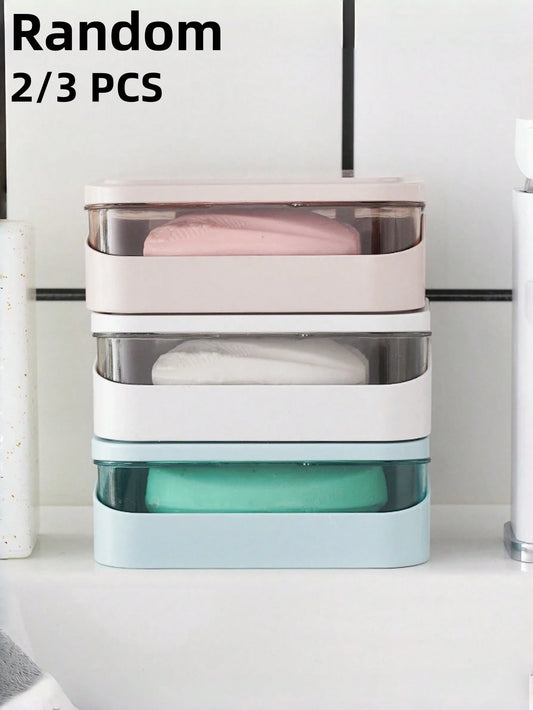 3/2pcs Color Block Double Layer Flip Top Soap Box, Minimalist Travel Soap Box With Lid, Creative Soap Tray With Drainage System, Transparent Storage Box, Suitable For Bathroom And Travel, No Drilling