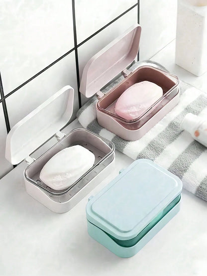 3/2pcs Color Block Double Layer Flip Top Soap Box, Minimalist Travel Soap Box With Lid, Creative Soap Tray With Drainage System, Transparent Storage Box, Suitable For Bathroom And Travel, No Drilling
