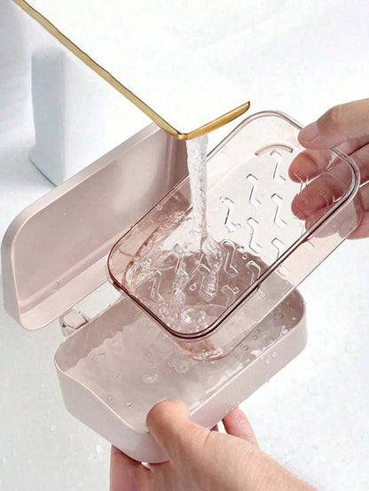 3/2pcs Color Block Double Layer Flip Top Soap Box, Minimalist Travel Soap Box With Lid, Creative Soap Tray With Drainage System, Transparent Storage Box, Suitable For Bathroom And Travel, No Drilling