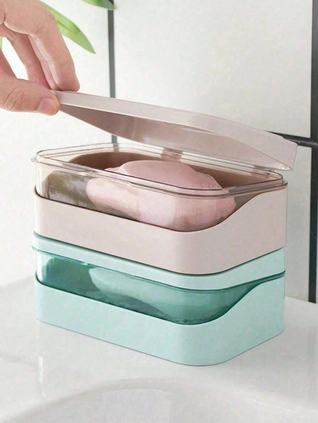 3/2pcs Color Block Double Layer Flip Top Soap Box, Minimalist Travel Soap Box With Lid, Creative Soap Tray With Drainage System, Transparent Storage Box, Suitable For Bathroom And Travel, No Drilling