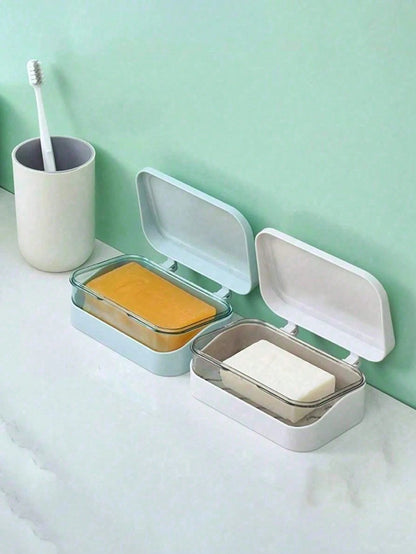 3/2pcs Color Block Double Layer Flip Top Soap Box, Minimalist Travel Soap Box With Lid, Creative Soap Tray With Drainage System, Transparent Storage Box, Suitable For Bathroom And Travel, No Drilling