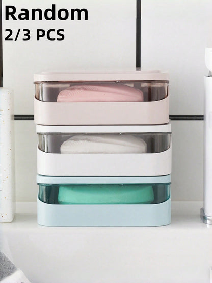 3/2pcs Color Block Double Layer Flip Top Soap Box, Minimalist Travel Soap Box With Lid, Creative Soap Tray With Drainage System, Transparent Storage Box, Suitable For Bathroom And Travel, No Drilling