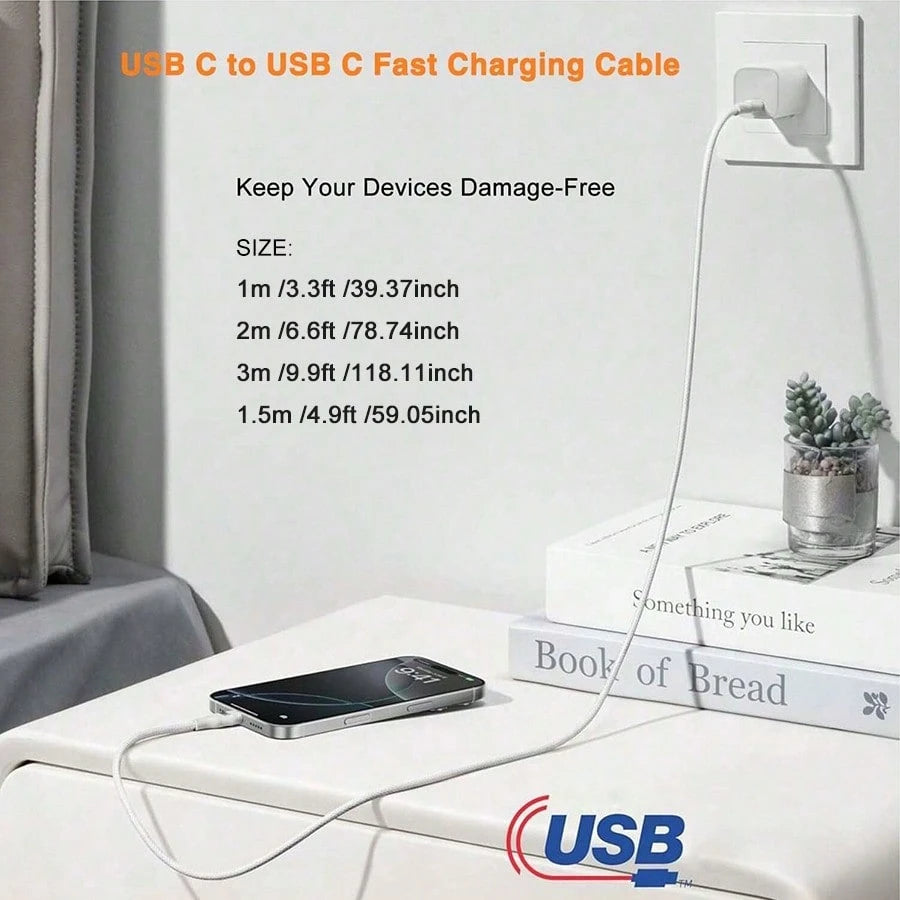 3.3/6.6/10ft Nylon Braided USB-C To Type-C Fast Charging Cable, Compatible With IPhone 17/16/15, Android Phones, Suitable For Indoor/Outdoor/Travel And Car Use, Support Fast Charging