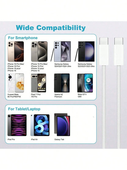 3.3/6.6/10ft Nylon Braided USB-C To Type-C Fast Charging Cable, Compatible With IPhone 17/16/15, Android Phones, Suitable For Indoor/Outdoor/Travel And Car Use, Support Fast Charging