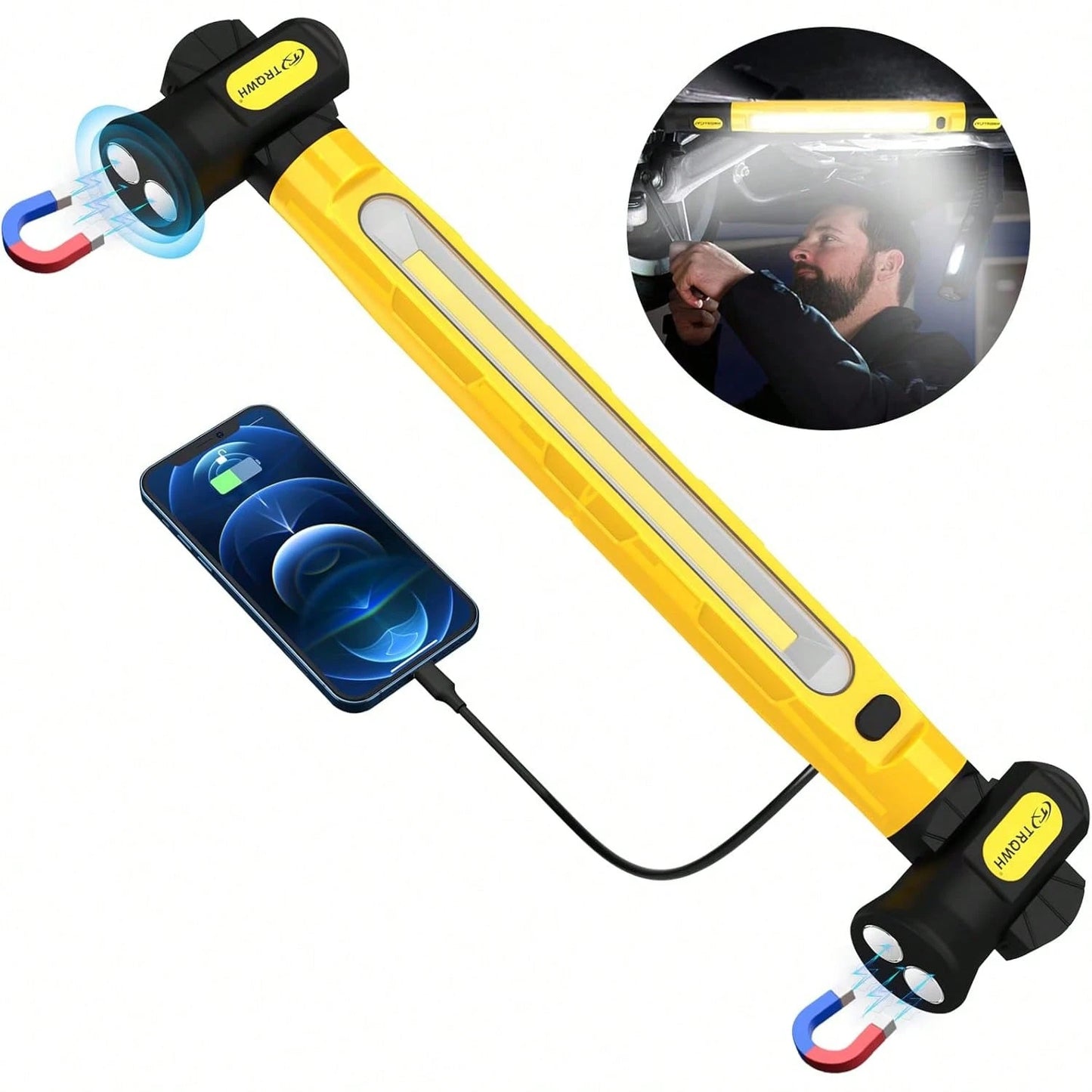 3 Color Modes Magnetic Work Light- 3000LM 6000mAh Rechargeable LED Bar, 360° Adjustable USB Output IP55 Waterproof For Car Repairing, Garage & Workshop