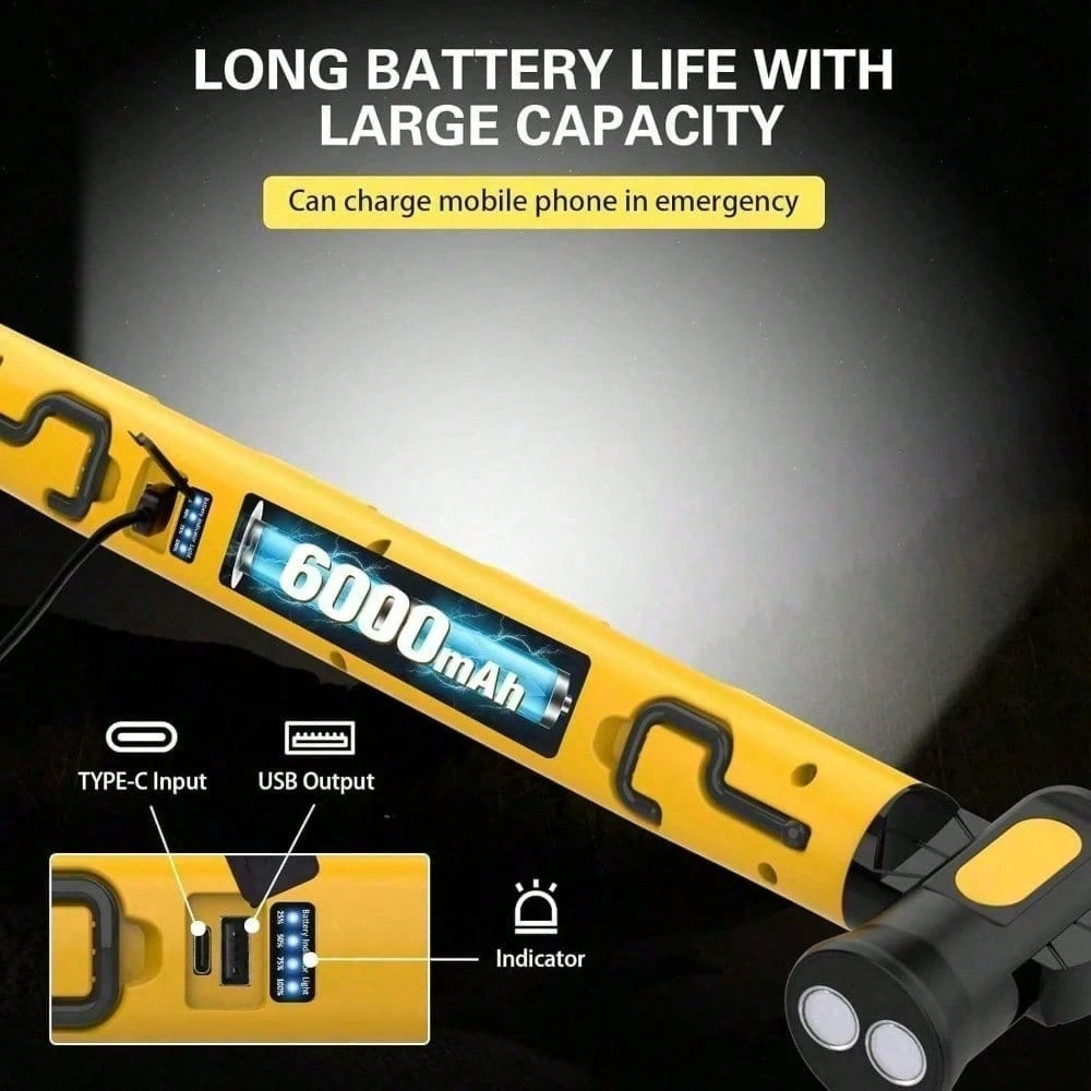 3 Color Modes Magnetic Work Light- 3000LM 6000mAh Rechargeable LED Bar, 360° Adjustable USB Output IP55 Waterproof For Car Repairing, Garage & Workshop