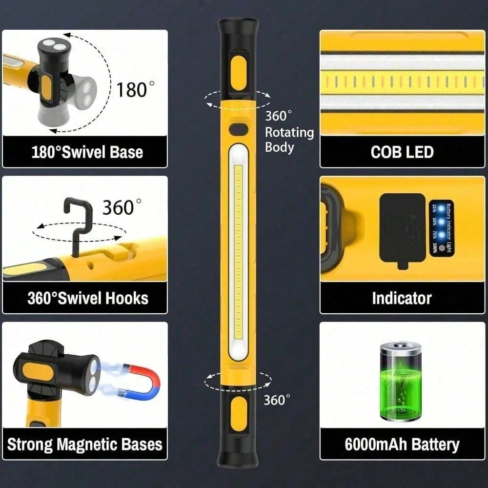3 Color Modes Magnetic Work Light- 3000LM 6000mAh Rechargeable LED Bar, 360° Adjustable USB Output IP55 Waterproof For Car Repairing, Garage & Workshop