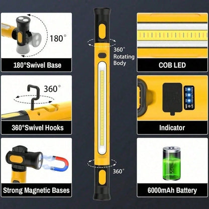 3 Color Modes Magnetic Work Light- 3000LM 6000mAh Rechargeable LED Bar, 360° Adjustable USB Output IP55 Waterproof For Car Repairing, Garage & Workshop