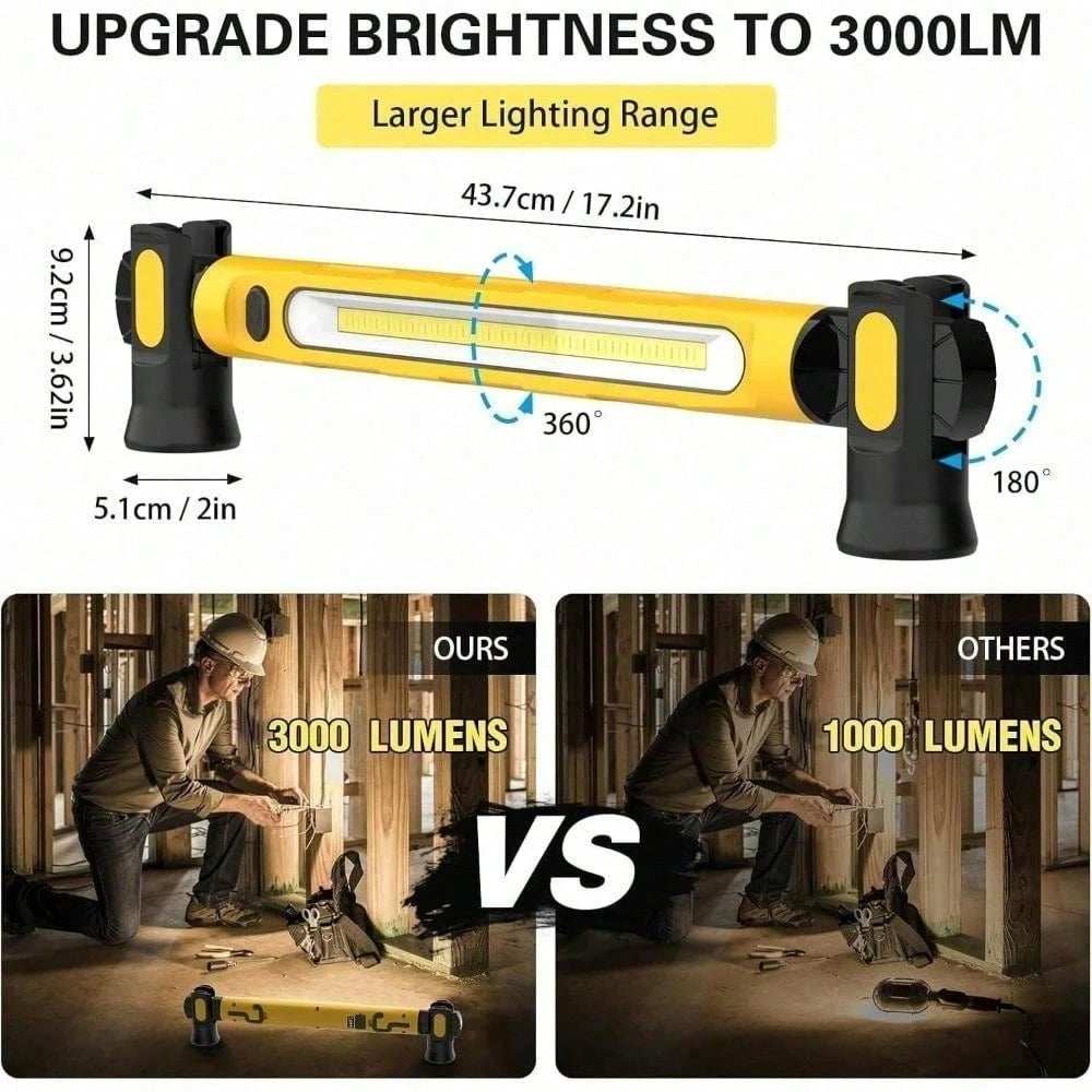 3 Color Modes Magnetic Work Light- 3000LM 6000mAh Rechargeable LED Bar, 360° Adjustable USB Output IP55 Waterproof For Car Repairing, Garage & Workshop