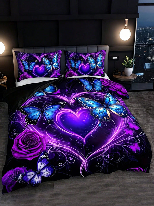 3-Piece Purple Butterfly Heart Duvet Cover Set, 2D Flat Print Blue Butterfly Rose Bedding Set, Duvet Cover Set, Pillow Pattern Random, Duvet Cover Set (1 Duvet Cover + 1/2 Pillowcases, Pillow Inserts
