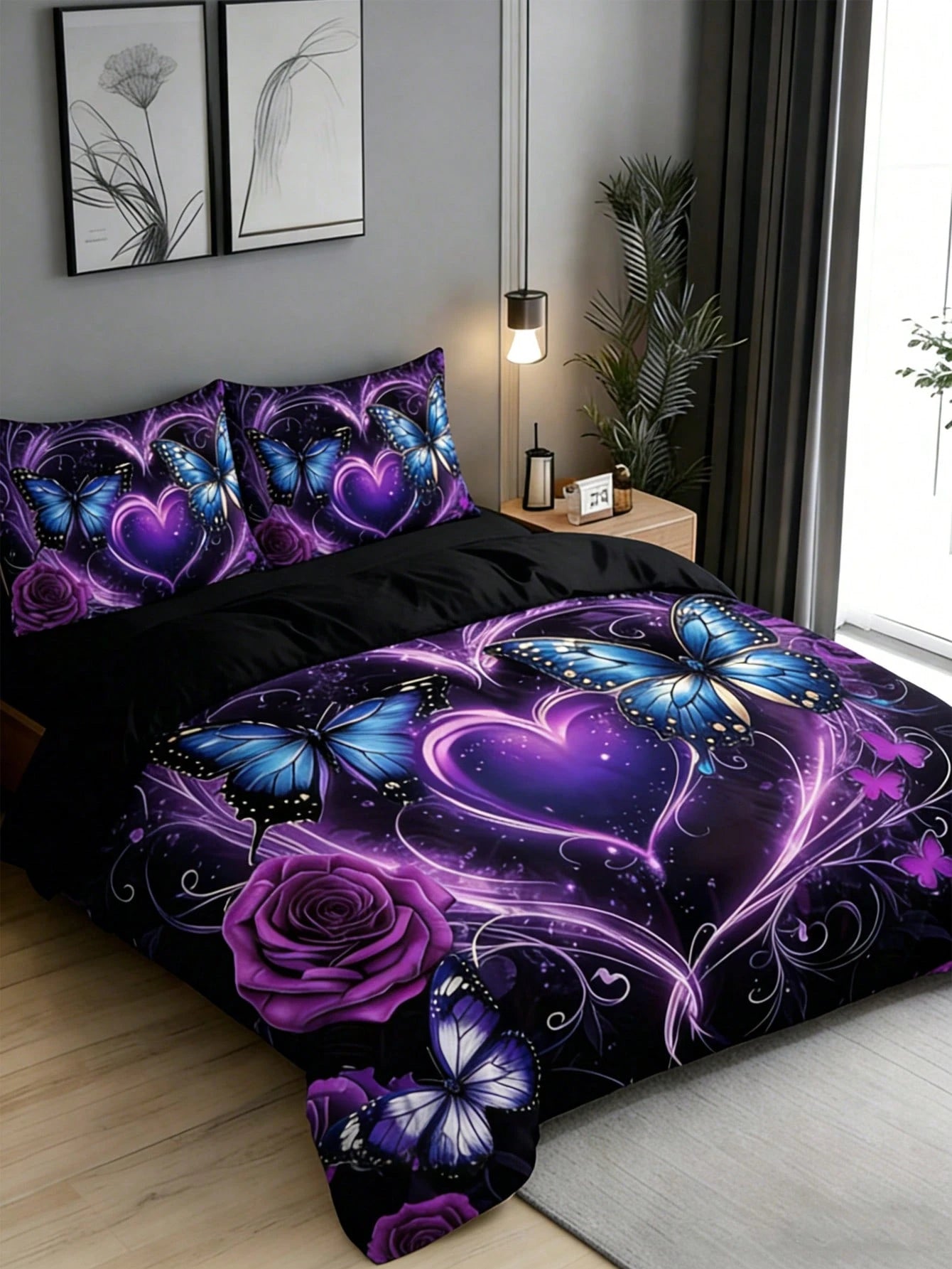 3-Piece Purple Butterfly Heart Duvet Cover Set, 2D Flat Print Blue Butterfly Rose Bedding Set, Duvet Cover Set, Pillow Pattern Random, Duvet Cover Set (1 Duvet Cover + 1/2 Pillowcases, Pillow Inserts