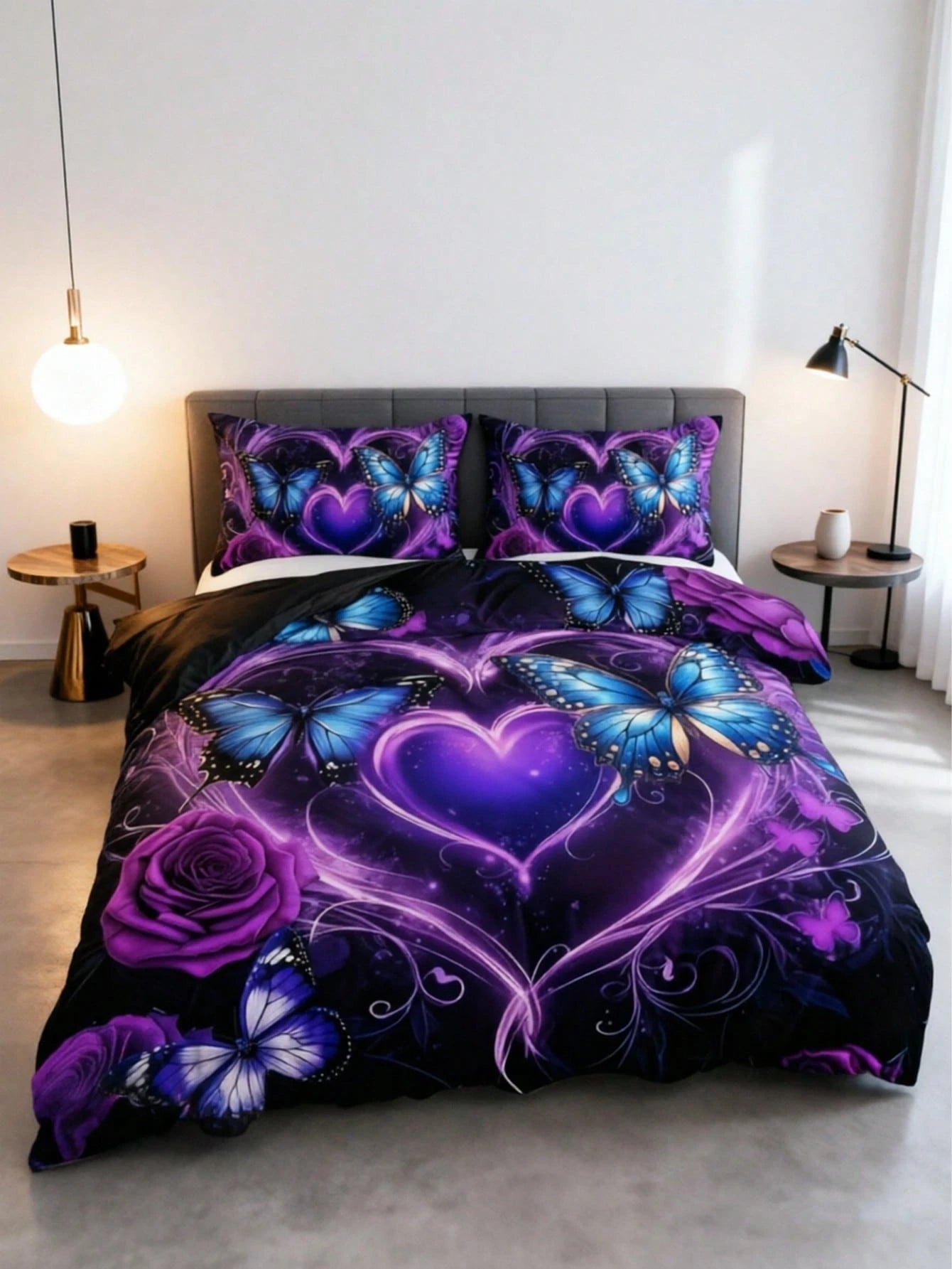 3-Piece Purple Butterfly Heart Duvet Cover Set, 2D Flat Print Blue Butterfly Rose Bedding Set, Duvet Cover Set, Pillow Pattern Random, Duvet Cover Set (1 Duvet Cover + 1/2 Pillowcases, Pillow Inserts