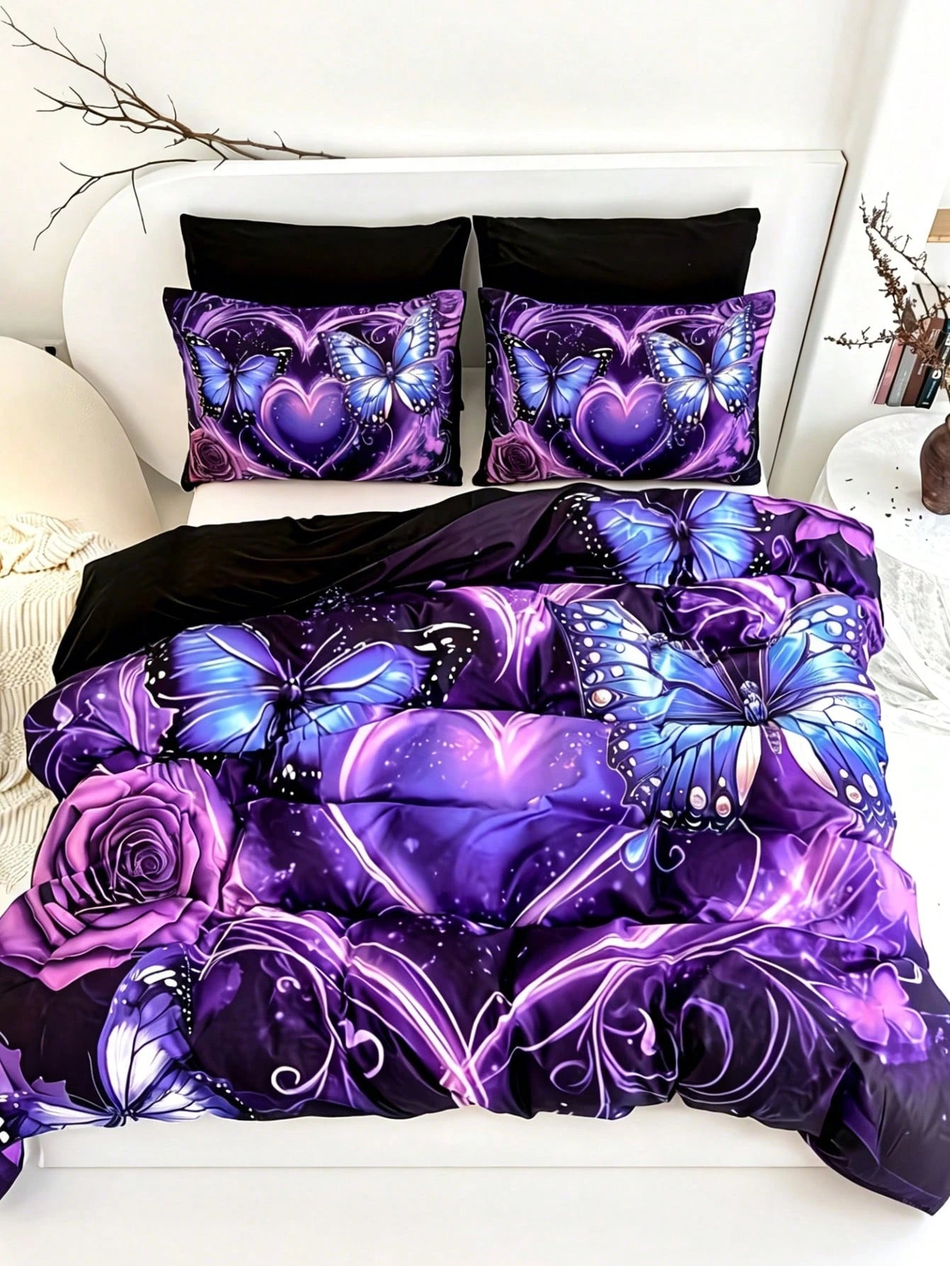 3-Piece Purple Butterfly Heart Duvet Cover Set, 2D Flat Print Blue Butterfly Rose Bedding Set, Duvet Cover Set, Pillow Pattern Random, Duvet Cover Set (1 Duvet Cover + 1/2 Pillowcases, Pillow Inserts