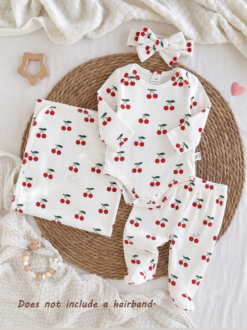 3 Pieces Newborn Soft Comfortable White Textured Fabric Cute Red Heart Print Long Sleeve Bodysuit With Footed Pants, Headband And Baby Swaddle Set, Home Wear