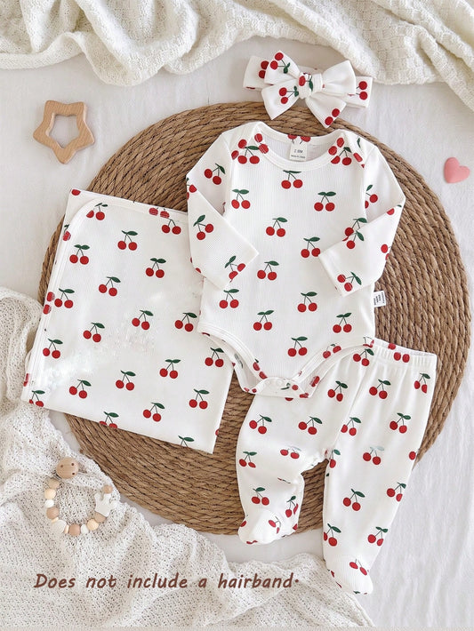 3 Pieces Newborn Soft Comfortable White Textured Fabric Cute Red Heart Print Long Sleeve Bodysuit With Footed Pants, Headband And Baby Swaddle Set, Home Wear
