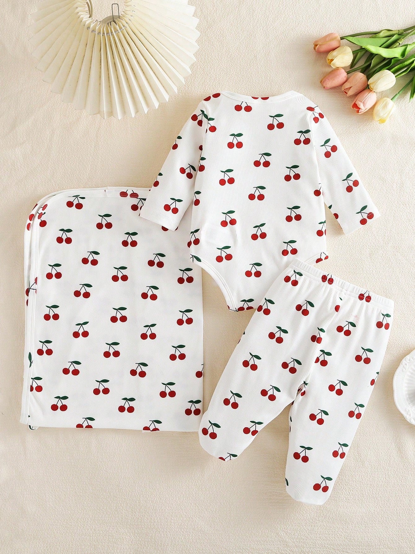 3 Pieces Newborn Soft Comfortable White Textured Fabric Cute Red Heart Print Long Sleeve Bodysuit With Footed Pants, Headband And Baby Swaddle Set, Home Wear