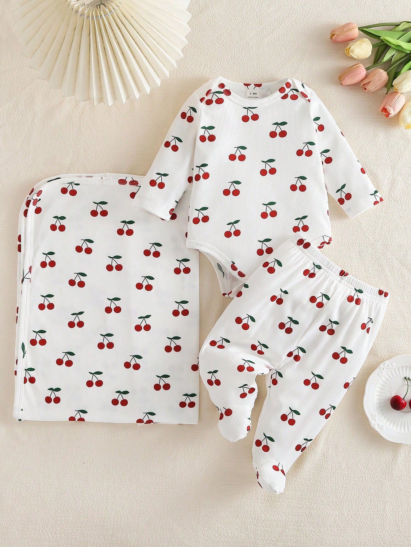 3 Pieces Newborn Soft Comfortable White Textured Fabric Cute Red Heart Print Long Sleeve Bodysuit With Footed Pants, Headband And Baby Swaddle Set, Home Wear