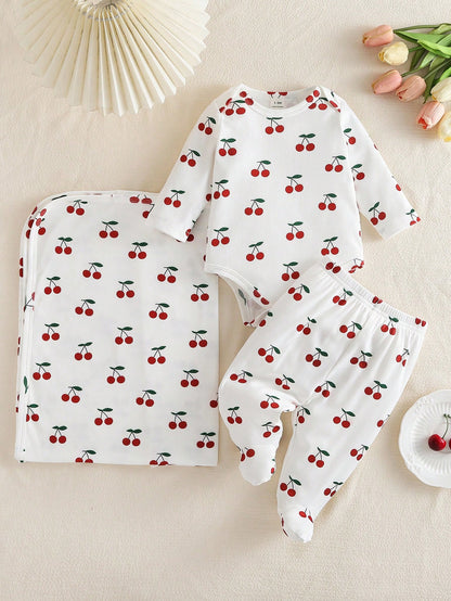 3 Pieces Newborn Soft Comfortable White Textured Fabric Cute Red Heart Print Long Sleeve Bodysuit With Footed Pants, Headband And Baby Swaddle Set, Home Wear