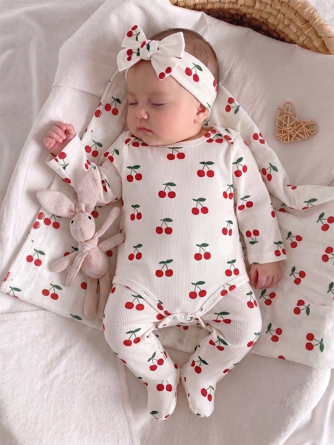 3 Pieces Newborn Soft Comfortable White Textured Fabric Cute Red Heart Print Long Sleeve Bodysuit With Footed Pants, Headband And Baby Swaddle Set, Home Wear
