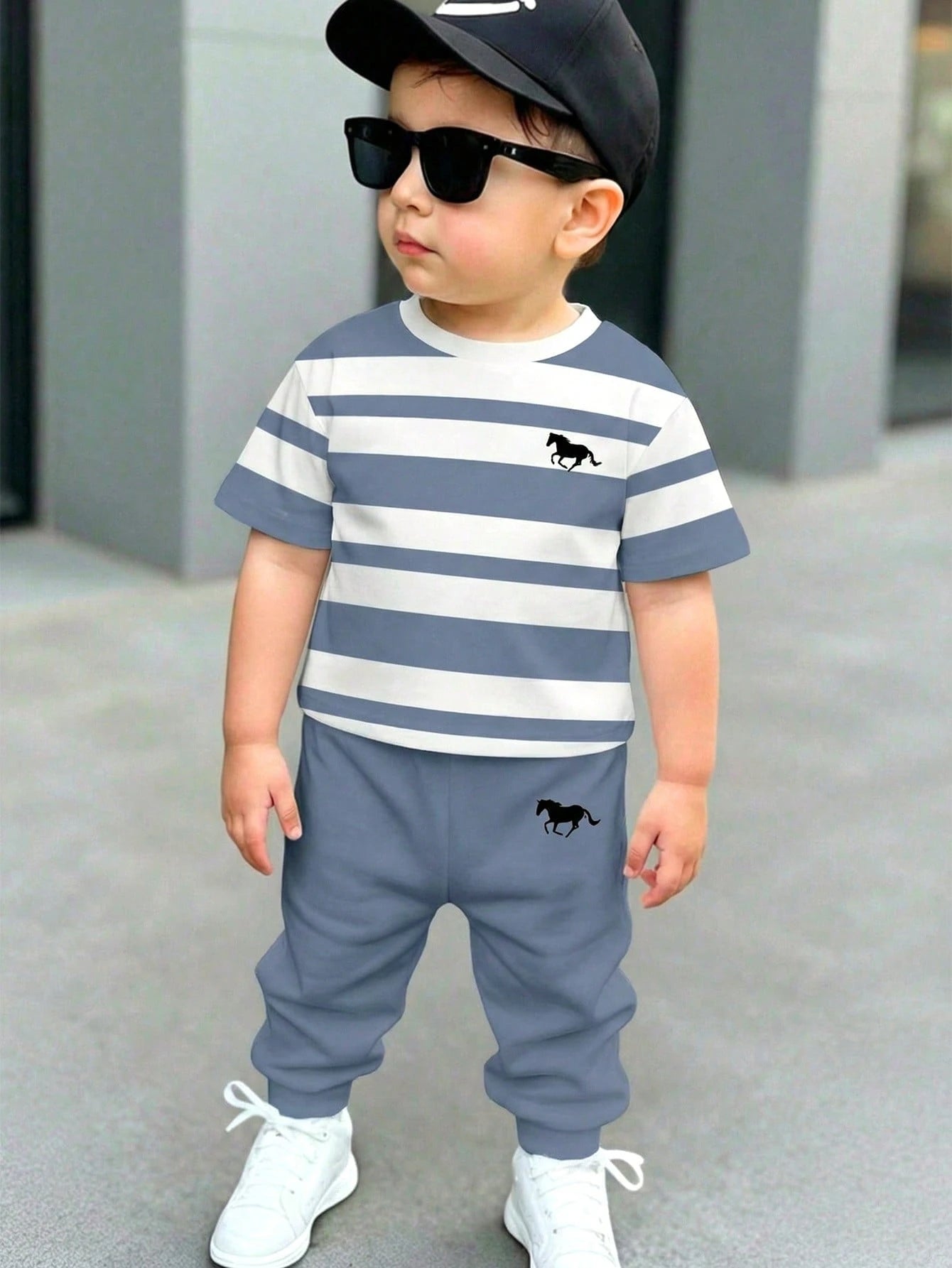 3 Sets Baby Boys' Casual Summer Beach Outfits,Loose Sports Short Sleeve T-Shirt And Pants 2-Piece Set,Classic Blue White Stripe Horse Logo Print