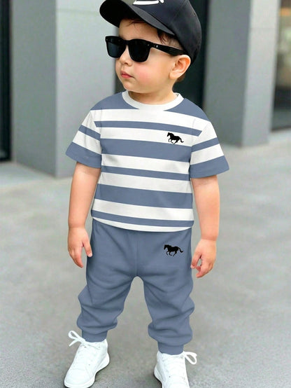 3 Sets Baby Boys' Casual Summer Beach Outfits,Loose Sports Short Sleeve T-Shirt And Pants 2-Piece Set,Classic Blue White Stripe Horse Logo Print