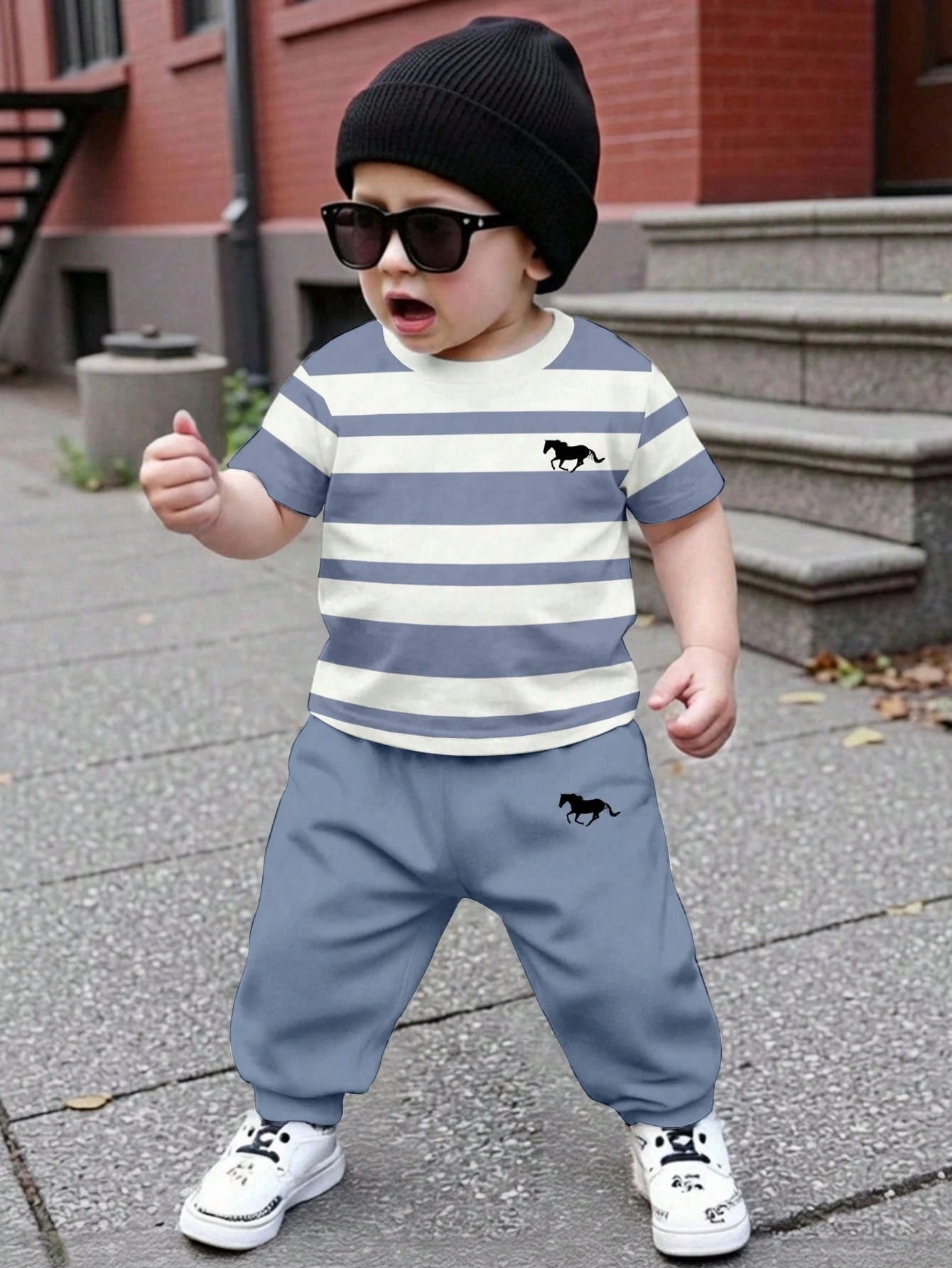 3 Sets Baby Boys' Casual Summer Beach Outfits,Loose Sports Short Sleeve T-Shirt And Pants 2-Piece Set,Classic Blue White Stripe Horse Logo Print