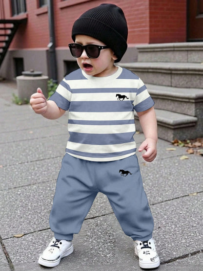 3 Sets Baby Boys' Casual Summer Beach Outfits,Loose Sports Short Sleeve T-Shirt And Pants 2-Piece Set,Classic Blue White Stripe Horse Logo Print